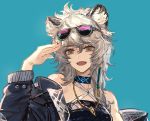  1girl :d animal_ears arknights bangs bare_shoulders blue_background blue_jacket breasts cat_ears cliffheart_(arknights) close-up commentary_request eyebrows_visible_through_hair eyewear_on_head fangs grey_eyes hair_ornament head_tilt jacket jewelry long_hair necklace off_shoulder open_mouth ryuuzaki_ichi simple_background smile sunglasses teeth waving white_hair 