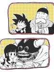  1girl 3boys :/ :d :o ? armor bangs beard black_eyes black_hair black_headwear blunt_bangs blush book chi-chi_(dragon_ball) chinese_clothes commentary_request confused counting cup dougi dragon_ball dragon_ball_(classic) facial_hair father_and_daughter fingernails gloves grandfather_and_grandson grandpa_gohan gyuu_mao hands_on_own_cheeks hands_on_own_face hat helmet hime_cut holding holding_book holding_cup horns monkey_tail multiple_boys mustache old_man open_book open_mouth polka_dot polka_dot_background smile son_gokuu sora_(happygreencandy) sparkle spiky_hair straight_hair tail teeth thick_eyebrows tongue white_background yellow_background 