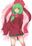  1girl alternate_costume arm_behind_back arm_up blush bright_pupils contrapposto cowboy_shot eyebrows_visible_through_hair front_ponytail gradient gradient_background green_eyes green_hair green_skirt hair_ribbon highres hood hood_down hoodie kagiyama_hina long_hair looking_at_viewer miniskirt mizune_(winter) open_mouth pink_background red_hoodie ribbon skirt sleeves_past_wrists solo sparkle standing touhou white_pupils 