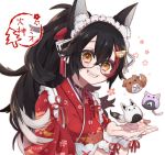  1girl :3 :d animal_ear_fluff animal_ears black_hair bone_print brown_eyes character_name cherry_blossoms commentary_request fang floral_print glasses hololive inugami_korone japanese_clothes long_hair looking_at_viewer maid_headdress multicolored_hair nekomata_okayu onigiri_print ookami_mio open_mouth paw_print pochimoto ponytail redhead shirakami_fubuki simple_background smile solo streaked_hair upper_body virtual_youtuber wa_maid white_background wolf_ears wrist_cuffs 