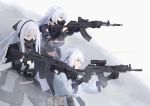  3girls absurdres acog ak-12 ak-12_(girls_frontline) ak-15 ak-15_(girls_frontline) cyka face_mask finger_on_trigger fingerless_gloves firing girls_frontline gloves grip highres mask multiple_girls open_eyes rpk-16 rpk-16_(girls_frontline) scope tactical_clothes trigger_discipline white_hair 