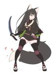  1girl absurdres animal_ears ass_visible_through_thighs belt black_dress black_hair brown_capelet brown_eyes clog_sandals closed_mouth copyright_request dress fighting_stance flower fox_ears fox_tail full_body hair_flower hair_ornament highres holding holding_sword holding_weapon katana legs_apart long_hair long_sleeves multicolored_hair nagisa_kurousagi no_socks pink_flower scabbard sheath short_dress short_over_long_sleeves short_sleeves simple_background skindentation solo streaked_hair sword tail thigh-highs weapon white_background 