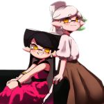  2girls aori_(splatoon) back-to-back bangs black_hair blinds blouse blunt_bangs bracelet brown_skirt closed_mouth couch cousins domino_mask dress earrings eyebrows_visible_through_hair from_side gradient_hair green_hair grin highres hotaru_(splatoon) jewelry long_dress long_hair long_skirt looking_at_viewer mask medium_hair mole mole_under_eye multicolored_hair multiple_girls on_couch puffy_short_sleeves puffy_sleeves red_dress short_sleeves silver_hair sitting skirt smile splatoon_(series) tentacle_hair two-tone_hair white_background white_blouse wuju_(1198979953) yellow_eyes 
