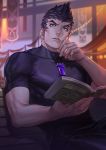  1boy bench black_hair black_shirt book hand_on_own_chin holding holding_book indoors iroha_(akei0710) looking_afar male_focus metsu_(xenoblade) muscle shirt short_sleeves signature skin_tight solo xenoblade_(series) xenoblade_2 