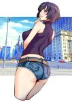 1girl ass bare_shoulders black_hair blue_sky blush breasts building car cityscape clouds commentary_request cowboy_shot denim denim_shorts grey_eyes ground_vehicle hair_ornament hairclip hanekawa_tsubasa itachou large_breasts looking_to_the_side midriff monogatari_(series) motor_vehicle outdoors parted_lips road shirt short_hair short_shorts shorts sky sleeveless sleeveless_shirt street telephone_pole thighs 