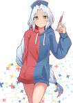  1girl alternate_costume arm_behind_back arm_up bangs blush braided_ponytail bright_pupils contrapposto cowboy_shot drawstring eyebrows_visible_through_hair forehead hat highres holding holding_syringe hood hood_down hoodie long_ponytail looking_at_viewer mizune_(winter) multicolored_hoodie nurse_cap parted_bangs silver_hair smile solo syringe touhou white_background white_pupils yagokoro_eirin yellow_eyes 