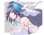  1girl amyucheu bangs bare_shoulders black_hair blue_eyes border bridal_veil closed_mouth dress fu_hua fu_hua_(azure_empyrea) grey_background hair_ornament hair_over_one_eye highres honkai_(series) honkai_impact_3rd long_hair looking_at_viewer simple_background sleeping solo veil wedding_dress white_border white_dress 