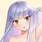  1girl 33zuku assault_rifle bare_shoulders blush close-up commentary_request eyebrows_visible_through_hair girls_frontline green_eyes gun h&amp;k_hk416 hair_ornament hand_on_own_head head_tilt hk416_(girls_frontline) long_hair looking_at_viewer rifle shoulders silver_hair simple_background upper_body weapon yellow_background 