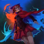  1girl black_shirt blue_bow bow cape dutch_angle evil_smile fire from_below glowing glowing_eyes hair_bow inishie_kumo light_smile long_sleeves looking_at_viewer looking_down parted_lips red_cape red_skirt redhead ringed_eyes sekibanki shirt short_hair skirt smile solo standing touhou untucked_shirt 
