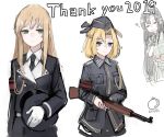  3girls blonde_hair character_request g43_(girls_frontline) girls_frontline green_eyes gun hat highres light_blue_eyes long_hair medic military military_hat military_uniform multiple_girls rampart1028 rifle short_hair smile stg44_(girls_frontline) tagme uniform weapon white_background 