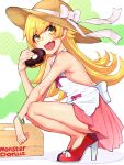  1girl :d bakemonogatari bangle bangs bare_arms bare_shoulders blonde_hair bow bracelet breasts brown_headwear commentary_request doughnut eyebrows_visible_through_hair fang food hat hat_bow high_heels highres holding holding_food jewelry long_hair looking_at_viewer mikan_(chipstar182) monogatari_(series) open_mouth oshino_shinobu pastry_box pink_skirt pleated_skirt red_footwear shoes skirt small_breasts smile solo squatting sun_hat very_long_hair white_bow white_camisole yellow_eyes 