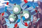  black_eyes blue_sky clouds cloudy_sky creature day electricity floating full_body gen_1_pokemon kirisaki looking_at_viewer magnet magneton no_humans official_art pokemon pokemon_(creature) pokemon_trading_card_game rock screw sky solo 
