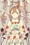  1girl bangs braid brown_eyes brown_hair dress eyebrows_visible_through_hair flower hands_together headband highres long_hair long_sleeves looking_at_viewer original print_dress qooo003 red_flower smile solo twin_braids twintails upper_body white_dress 