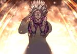  2boys aqua_eyes arm_support aura backlighting blonde_hair blood blood_from_mouth blood_on_face blurry bokeh collarbone commentary_request depth_of_field dirty dirty_face dougi dragon_ball dragon_ball_z father_and_son finger_to_face from_above frown full_body kneeling light_particles light_rays looking_at_viewer male_focus mattari_illust multiple_boys muscle open_mouth pectorals pov shaded_face shadow son_gohan son_gokuu sparkle spiky_hair super_saiyan_2 sweatdrop twitter_username wristband 