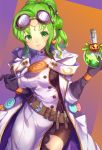  1girl belt black_gloves breasts candy closed_mouth coke-bottle_glasses eyewear_on_head fire_emblem fire_emblem:_the_sacred_stones fire_emblem_heroes flask food glasses gloves green_eyes green_hair halloween_costume holding holding_lollipop jurge l&#039;arachel_(fire_emblem) large_breasts lollipop simple_background smile solo 