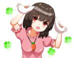  1girl :d animal_ears black_hair blush breasts carrot_necklace clover dress ear_grab eyebrows_visible_through_hair four-leaf_clover hair_between_eyes head_tilt highres inaba_tewi index_finger_raised kiui_(dagk8254) looking_at_viewer medium_breasts open_mouth pink_dress puffy_short_sleeves puffy_sleeves rabbit_ears short_hair short_sleeves simple_background smile solo standing touhou upper_body white_background 