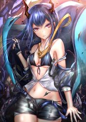  1girl absurdres arknights bangs bare_shoulders black_bra black_shorts blue_hair blush bra breasts ch'en_(arknights) cowboy_shot eyebrows_visible_through_hair gloves hair_between_eyes hand_up highres horns jacket kayjae24 long_hair looking_at_viewer medium_breasts navel off_shoulder open_fly red_eyes shirt shorts sidelocks sleeveless solo tail underwear untying white_shirt 