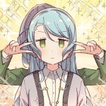  2girls :| anger_vein aqua_hair ayasaka bang_dream! behind_another closed_mouth collared_shirt double_v emotional_engine_-_full_drive green_eyes grey_cardigan hikawa_hina hikawa_sayo jewelry long_hair long_sleeves looking_at_viewer multiple_girls necklace shirt short_hair siblings sisters sparkle symbol_commentary twins upper_body v v-shaped_eyebrows white_shirt yellow_background 