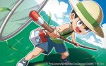  1boy black_hair blue_shorts blue_sky bug_catcher_(pokemon) butterfly_net child clouds cloudy_sky day furrowed_eyebrows grass green_shirt hand_net hat holding holding_butterfly_net kirisaki looking_at_viewer male_focus official_art outdoors pokemon pokemon_(game) pokemon_lgpe pokemon_trading_card_game shadow shirt shoes shorts sky sleeveless sleeveless_shirt standing straw_hat watermark yellow_eyes 