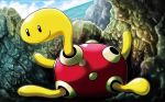  black_eyes blue_sky closed_mouth clouds cloudy_sky creature day dutch_angle fukuda_masakazu full_body gen_2_pokemon no_humans ocean official_art outdoors pokemon pokemon_(creature) pokemon_trading_card_game shell shuckle sky smile solo water 