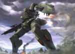  bullet_hole clouds cloudy_sky copyright_request day explosion glowing glowing_eyes gun holding holding_gun holding_weapon itou_(onsoku_tassha) jet_engine mecha no_humans outdoors shield sky smoke solo standing weapon 