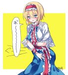  1girl alice_margatroid artist_name ascot bangs blonde_hair blue_dress blue_eyes blush capelet dress eyebrows_visible_through_hair frilled_ascot frilled_sash frills hairband hungry lolita_hairband red_hairband sash short_hair short_sleeves sweatdrop touhou yukimiya_(parupunta) 