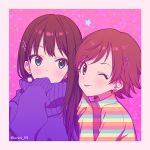  2girls agata_(agatha) blue_eyes brown_hair commentary_request earrings hair_ornament hairclip honda_mio idolmaster idolmaster_cinderella_girls jewelry long_hair looking_at_another looking_at_viewer multiple_girls one_eye_closed shibuya_rin short_hair sleeves_past_fingers sleeves_past_wrists sweater tongue tongue_out turtleneck turtleneck_sweater upper_body yellow_eyes 