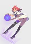  1girl antenna_hair ass ball bent_over black_footwear boots bracelet crop_top fire_emblem fire_emblem:_three_houses floating hapi_(fire_emblem) highres jacket jewelry long_hair looking_at_viewer looking_back magic_circle midriff miniskirt open_clothes open_jacket panties parted_lips purple_legwear purple_panties purple_shirt red_eyes redhead shirt short_sleeves simple_background single_thighhigh skirt solo thigh-highs thigh_boots thighs tim_loechner underwear white_background white_jacket white_skirt 