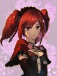  1girl amy_sorel ashiomi_masato black_gloves breasts capelet choker commentary_request drill_hair expressionless floral_background gloves gothic_lolita lolita_fashion looking_at_viewer medium_hair red_capelet red_eyes redhead small_breasts solo soulcalibur soulcalibur_vi twin_drills upper_body v_arms 