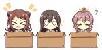  &gt;_&lt; 3girls :d =_= ? bang_dream! bangs black_hair blush blush_stickers box brown_hair cardboard_box commentary_request eyebrows_visible_through_hair hair_between_eyes hair_ornament hair_ribbon hanasakigawa_school_uniform hanazono_tae hasewox highres in_box in_container jitome long_hair looking_at_viewer medium_hair multiple_girls notice_lines open_mouth ponytail ribbon school_uniform sidelocks simple_background smile sparkle star star_hair_ornament toyama_kasumi upper_body v white_background xd yamabuki_saaya yellow_ribbon 