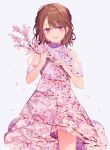 1girl achiki branch brown_hair cherry_blossoms dress flower open_mouth original petals pink_eyes smile solo 