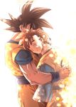  2boys amputee backlighting black_hair blurry bokeh closed_eyes closed_mouth clothes_writing commentary_request depth_of_field dougi dragon_ball dragon_ball_z expressionless father_and_son fingernails halo hand_on_another&#039;s_back hand_on_another&#039;s_head happy hug light_particles light_smile male_focus mattari_illust multiple_boys profile scar scar_across_eye shaded_face son_gohan_(future) son_gokuu spiky_hair twitter_username wristband 