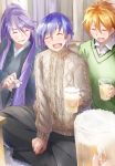  3boys ahoge alcohol beer beer_mug blonde_hair blue_hair closed_eyes commentary_request crossed_legs cup daidou_(demitasse) facing_viewer green_sweater grin highres holding holding_cup indian_style japanese_clothes kaito kamui_gakupo long_hair male_focus minase_kou multiple_boys open_mouth ponytail pov pov_hands purple_hair sake sitting smile sweater turtleneck turtleneck_sweater very_long_hair vocaloid voiceroid 