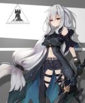  1girl arknights bangs bare_shoulders black_gloves blush breasts commentary_request eyebrows_visible_through_hair gloves grey_hair hair_between_eyes highres holding holding_sword holding_weapon kinyoubi_no_nangong_da large_breasts long_hair looking_at_viewer low_tied_hair navel pants red_eyes shirt silver_hair skadi_(arknights) solo sword very_long_hair weapon 