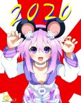  1girl 2020 animal_ears chinese_new_year chinese_zodiac choker d-pad d-pad_hair_ornament hair_between_eyes hair_ornament highres hood hooded_jacket jacket kurozero looking_at_viewer neptune_(neptune_series) neptune_(series) purple_hair rat_ears short_hair solo tongue tongue_out usb violet_eyes white_choker year_of_the_rat 