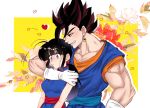  1boy 1girl :/ alternate_color alternate_eye_color arm_around_shoulder arms_at_sides bangs bare_arms bare_shoulders black_hair blue_dress blue_eyes blunt_bangs breasts chi-chi_(dragon_ball) china_dress chinese_clothes clenched_teeth closed_mouth dougi dragon_ball dragon_ball_(classic) dragon_ball_z dress earrings eyebrows_visible_through_hair floral_background flower gloves grin haebara_zanka half-closed_eyes heart hetero highres jewelry leaf looking_at_another looking_down medium_breasts muscle patterned_background pectorals polka_dot polka_dot_background ponytail potara_earrings profile red_flower redhead rose shiny shiny_hair sidelocks simple_background sleeveless sleeveless_dress smile square striped striped_background sweatdrop teeth time_paradox twitter_username two-tone_background vegetto white_flower white_gloves white_rose yellow_background 