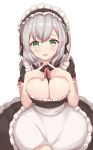  1girl absurdres alternate_costume apron breasts commentary_request dress enmaided eyebrows_visible_through_hair fingers_together frilled_apron frills furrowed_eyebrows green_eyes grey_hair hair_between_eyes highres hololive kanti15 large_breasts looking_at_viewer maid maid_headdress mole mole_on_breast parted_lips shirogane_noel solo virtual_youtuber waist_apron white_apron white_background 