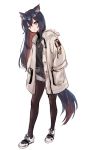  1girl animal_ear_fluff animal_ears arknights bangs black_hair black_shirt brown_hair brown_legwear closed_mouth ear_piercing eyebrows_visible_through_hair full_body gradient_hair grey_shorts hair_between_eyes hands_in_pockets jacket long_sleeves looking_at_viewer multicolored_hair nuno_(pppompon) open_clothes open_jacket pantyhose piercing red_eyes shirt shoes short_shorts shorts simple_background solo standing tail texas_(arknights) white_background white_footwear white_jacket 