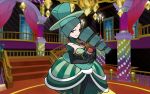  1girl battle_chatelaine_(pokemon) feet_out_of_frame green_theme indoors lematin_(pokemon) looking_at_viewer mizutani_megumi official_art pokemon pokemon_trading_card_game solo stairs standing 