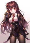  1girl :o absurdres bangs black_legwear black_skirt blazer blush breasts eyebrows_visible_through_hair framed_breasts girls_frontline gloves hair_ribbon hand_up high-waist_skirt highres jacket large_breasts long_hair looking_at_viewer necktie one_side_up open_mouth pantyhose purple_hair red_eyes red_neckwear ribbon shirt skirt solo very_long_hair wa2000_(girls_frontline) yam_(dr_yammy) 