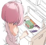  1girl ahoge detergent failure from_above from_behind highres idolmaster idolmaster_cinderella_girls indoors off-shoulder_shirt off_shoulder pink_hair shirt solo t-shirt washing_machine yukie_(kusaka_shi) yumemi_riamu 