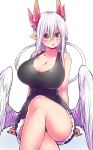  1girl breasts commentary_request demon_girl demon_tail denim denim_shorts feathered_wings highres huge_breasts juugoya_(zyugoya) lorem_(musuko_ga_kawaikute_shikatanai_mazoku_no_hahaoya) musuko_ga_kawaikute_shikatanai_mazoku_no_hahaoya red_eyes shorts simple_background tail white_background wings 