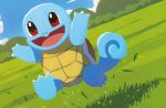  :d blue_sky brown_eyes clouds creature day dutch_angle full_body gen_1_pokemon grass happy hyogonosuke jumping no_humans official_art open_mouth outdoors pokemon pokemon_(creature) pokemon_trading_card_game shadow shell sky smile solo squirtle turtle 
