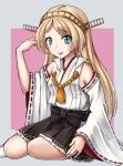  1girl blonde_hair blue_eyes brown_skirt cosplay detached_sleeves dojikko_pose grey_background hairband headgear japanese_clothes jervis_(kantai_collection) kantai_collection kongou_(kantai_collection) kongou_(kantai_collection)_(cosplay) long_hair mayura2002 ribbon-trimmed_sleeves ribbon_trim seiyuu_connection sitting skirt solo touyama_nao two-tone_background yokozuwari 