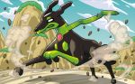  blank_eyes blue_sky clouds cloudy_sky creature day dog_focus full_body gen_7_pokemon no_humans official_art pokemon pokemon_(creature) pokemon_trading_card_game rock running sky solo zygarde zygarde_(10) 