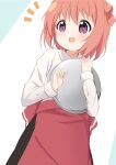  1girl :d akaza_akari apron blush double_bun hair_ornament highres holding kameko338 open_mouth redhead short_hair simple_background smile solo tray violet_eyes waist_apron waitress yuru_yuri 