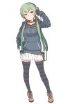  1girl bangs belt_collar boots brown_footwear closed_mouth collar contrapposto eyebrows_visible_through_hair full_body goggles goggles_around_neck green_hair grey_hoodie grey_legwear hair_ribbon half-closed_eye hand_in_pocket hand_on_headphones head_tilt headphones headphones_girl_(itou) highres hood hood_down hoodie itou_(onsoku_tassha) long_sleeves low_twintails orange_eyes original pleated_skirt pouch raised_eyebrows red_ribbon ribbon simple_background skirt solo striped striped_legwear thigh-highs twintails white_background white_skirt zettai_ryouiki 