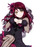  1girl blush facial_mark flower guilty_kiss_(love_live!) hair_flower hair_ornament highres lace-trimmed_veil long_hair looking_at_viewer love_live! love_live!_school_idol_project pantyhose redhead sakurauchi_riko shiimai solo steepled_fingers tongue tongue_out veil white_background yellow_eyes 