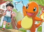  1boy :d black_hair blue_eyes blue_sky brown_eyes charmander charmander_trainer_(pokekyun) claws clouds cloudy_sky creature fangs fence fiery_tail fire flame gen_1_pokemon glasses grass holding holding_eyewear house komayama_akira looking_at_another male_focus mountain official_art one_eye_closed open_mouth pokemon pokemon_(creature) pokemon_trading_card_game running sky smile stairs tail tears window 