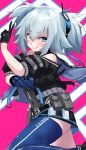  1girl absurdres bare_shoulders belt black_gloves blue_eyes blue_legwear covered_navel double_v eyebrows_visible_through_hair girls_frontline gloves grin hair_between_eyes hair_ornament highres looking_at_viewer make_maketan medium_hair pa-15_(girls_frontline) pink_background silver_hair single_half_glove smile snap-fit_buckle solo thick_eyebrows thigh-highs two_side_up v 